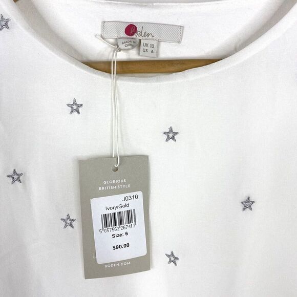 Boden Top Size 6 Womens Ivory Tori Star Embroidered Shirt Long Sleeve Stretch - Picture 3 of 5